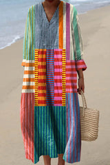 Women's Colorblock Geometric Print V-Neck Midi Dress