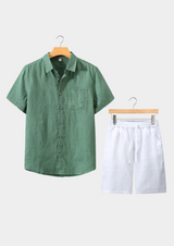 Green & White Linen Shortsleeve Summer Set