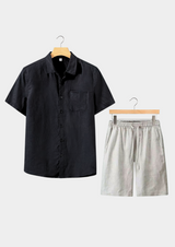 Black & Beige Linen Shortsleeve Summer Set