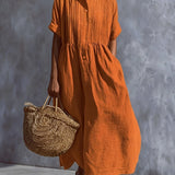 Pintuck Collared Linen Shirt Dress