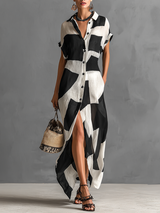 Women's Geometric Print Button Down Short Sleeve Linen Maxi Dress