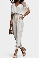 Women's Off Shoulder Crossed V-Neck Jumpsuit with Knot Detail