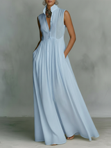 Women's Pintuck Bib Stand Collar Sleeveless Maxi Dress