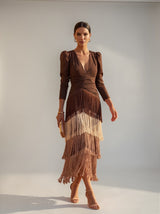 Women's Tiered Fringe V-Neck Evening Midi Dress