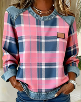 Women's Pink Plaid Denim Sweater