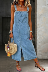 Women's Denim Pinafore Overall Midi Dress