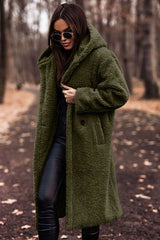 Women's Longline Hooded Teddy Coat with Wide Lapels