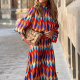 Geometric Print Balloon Sleeve Midi Dress