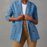 Women's Longline Denim Blazer Jacket for Casual Everyday Wear