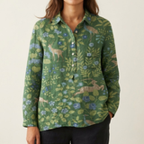 Women's Patterned Linen Shirt Green and Beige