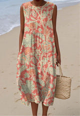 Women's Vintage Floral Print Sleeveless Midi Dress