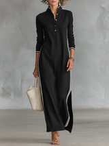 Women's Contrast Trim Stand Collar Long Sleeve Maxi Dress