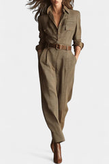 Women's Brown Check Tweed Belted Wide Leg Jumpsuit