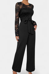 Women's Lace Bodice Wide Leg Jumpsuit with Tied Waist