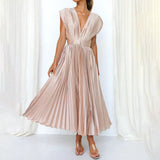 Pleated V-Neck Wedding Guest Midi Dress