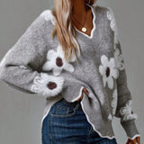 Women's Floral Textured V-Neck Knit Sweater