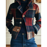 Women's Cropped Plaid Patchwork Jacket with Pockets