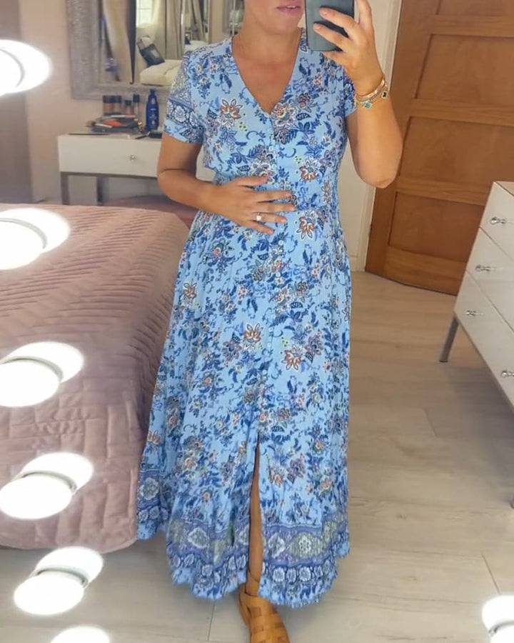 Floral Print Flowy Maxi Dress - Blue