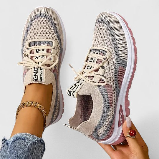 Colorblock mesh lace up cushioned running sneaker in khaki
