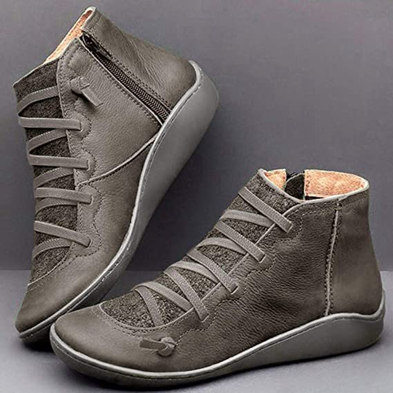 Lace up leather zip flat casual ankle boot in grey