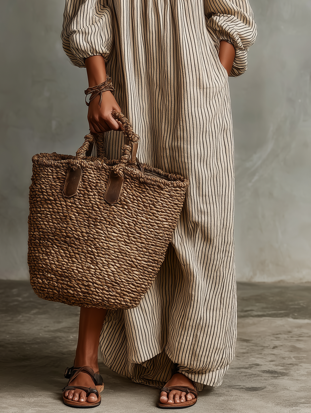 Women's striped off-shoulder puff sleeve linen maxi dress, side