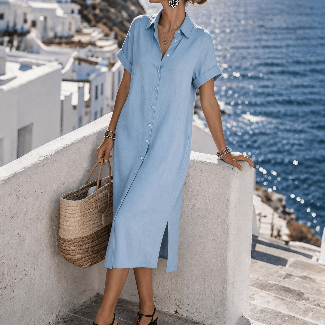 Short-Sleeve Button-Front Shirt Dress - Sky Blue