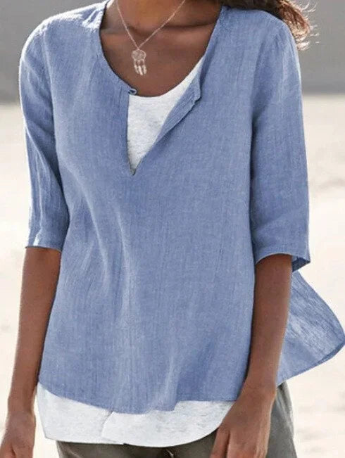 Layered Split-Neck Blouse - Light Blue