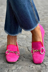 Women's Fuchsia Suede Metal Bar Loafer