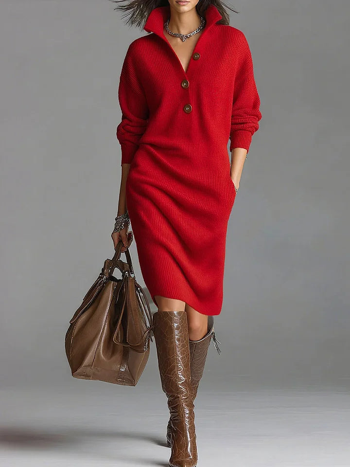 Ribbed knit button front midi dress in red