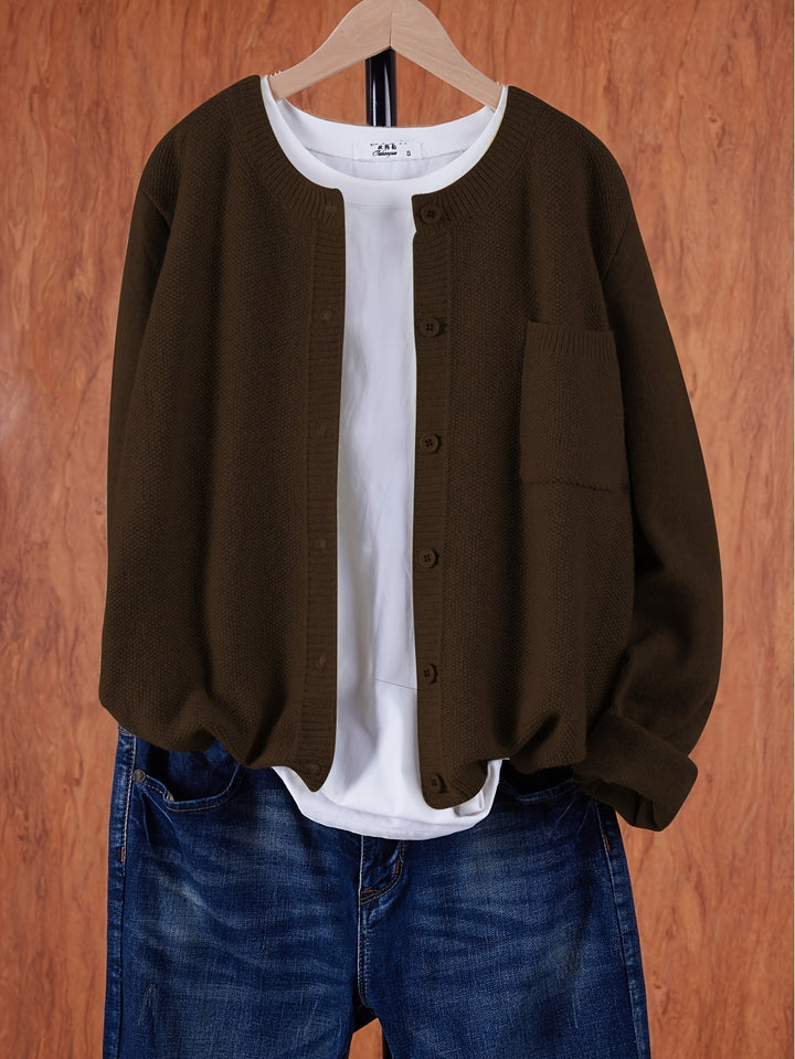 Women's Crew Neck Button Cardigan with Chest Pocket - Dark Brown