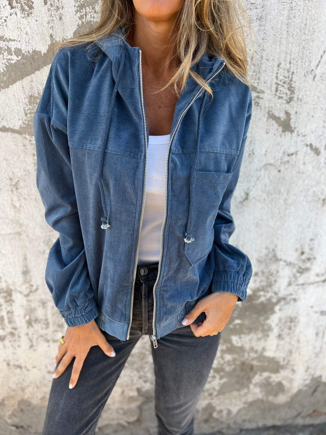 Women's casual zip-front hooded jacket in blue