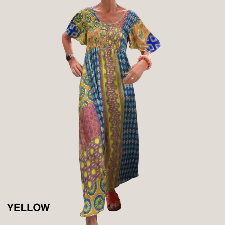 Paisley patchwork boho maxi dress in yellow