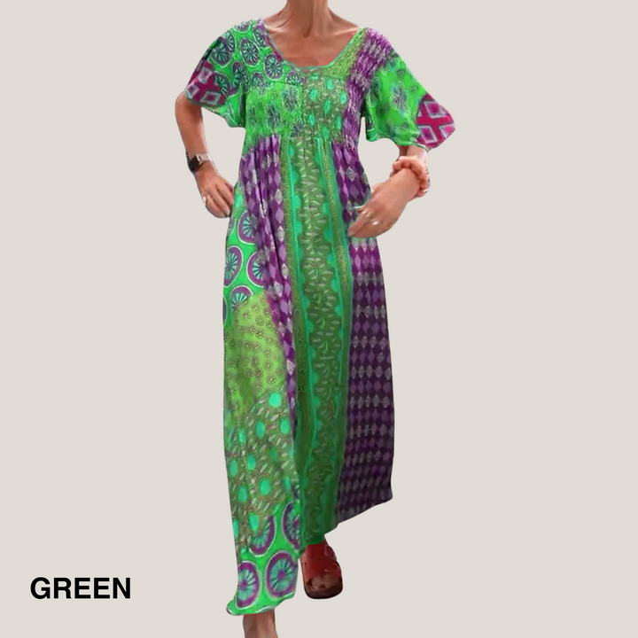 Paisley patchwork boho maxi dress in light green