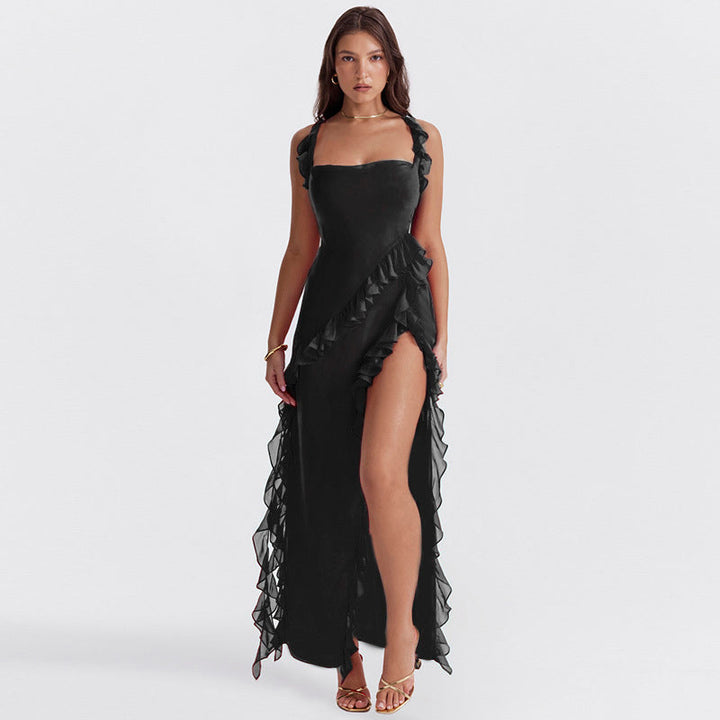 Twilight frill slip maxi dress in black