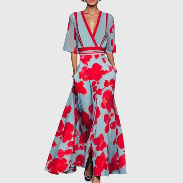Elegant long-sleeve maxi dress in blue red print