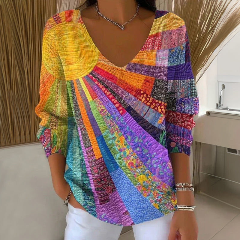 Women's printed V-neck knit sweater in multicolour