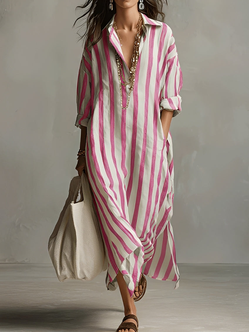 Women's striped V-neck long sleeve maxi dress in pink