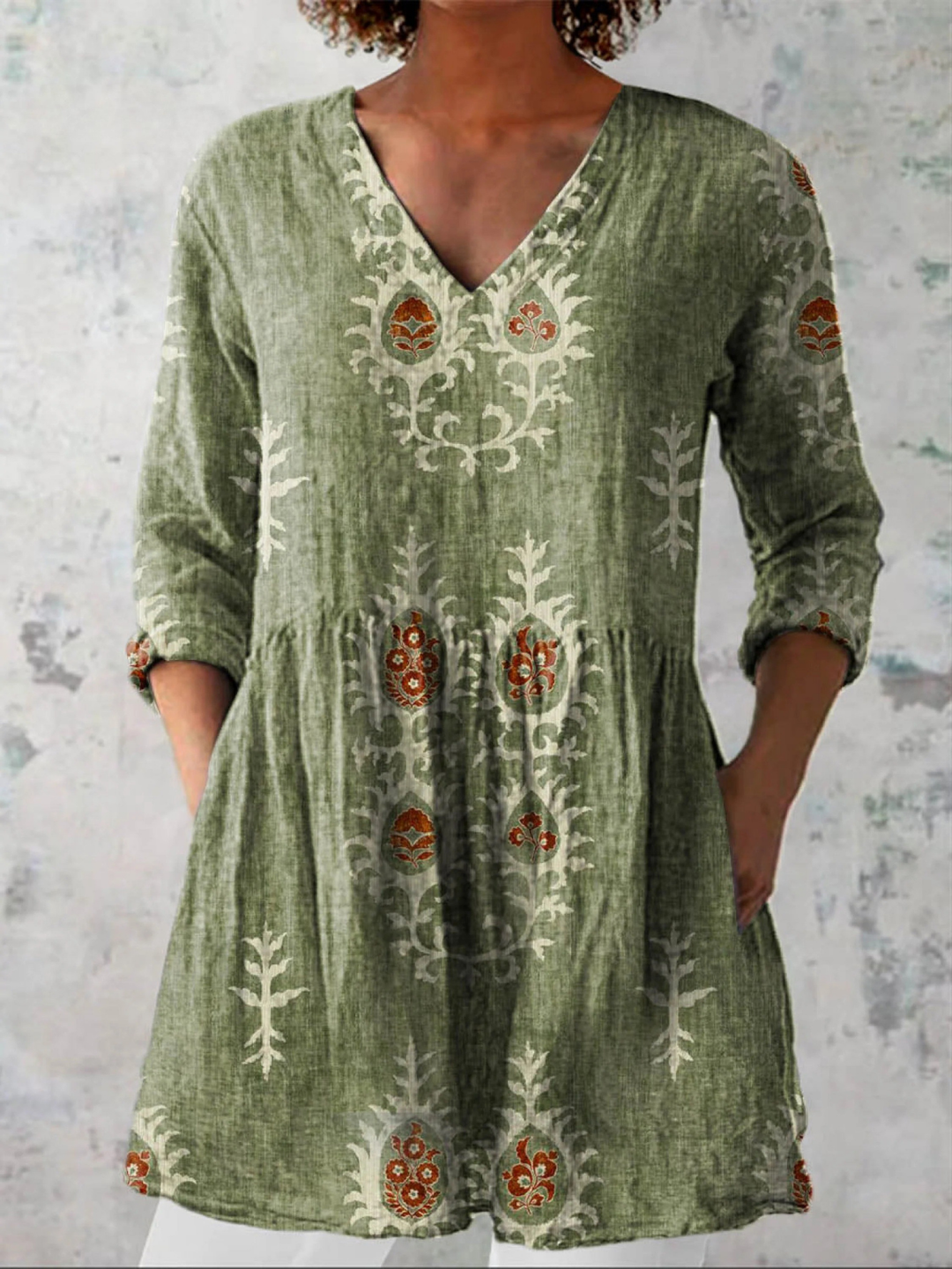 Women's multicolor print V-neck long blouse