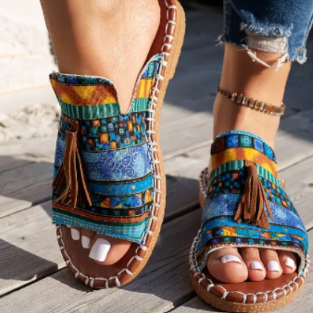 Women's Patterned Tassel Slide Sandal Blue