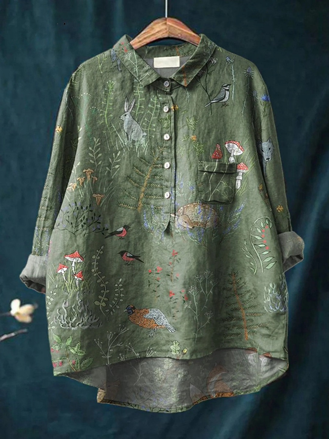 Women's green woodland animal print long sleeve shirt