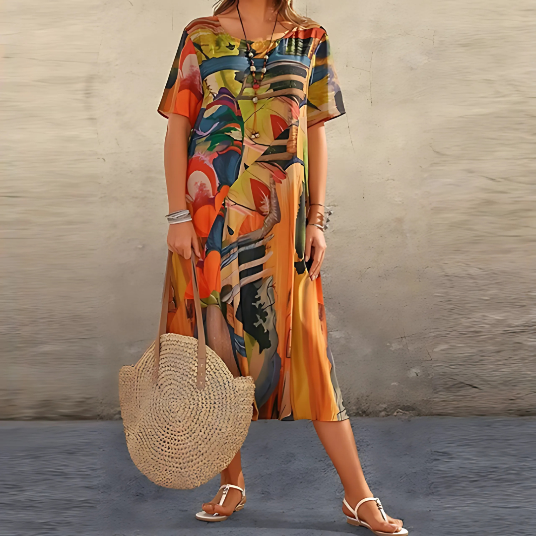 Elegant Floral Flowing Dress - Orange