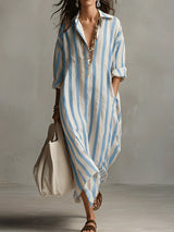 Women's Striped V-Neck Long Sleeve Maxi Dress