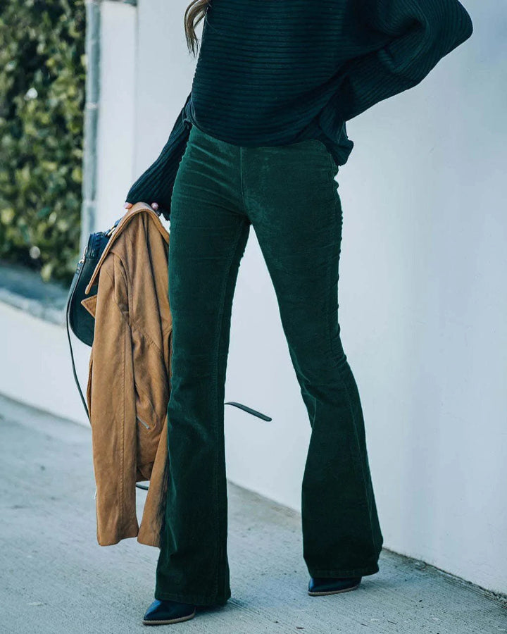 Women's high waisted corduroy flare pants in dark green