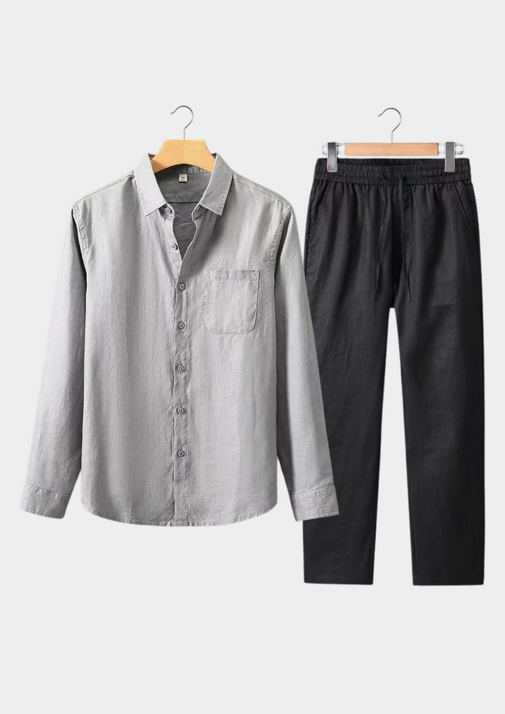 Gray & Black Linen Longsleeve Summer Set