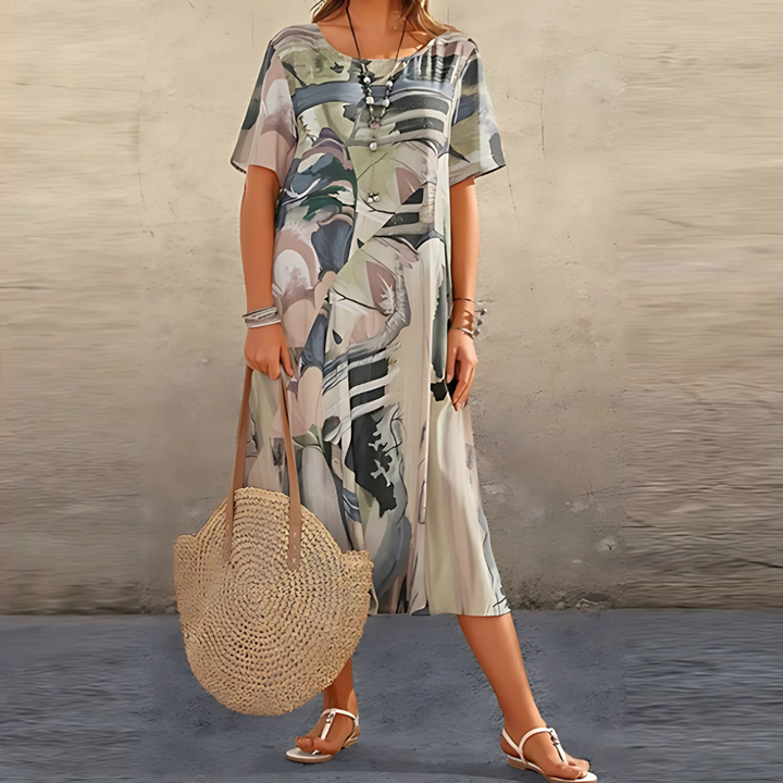 Elegant Floral Flowing Dress - Grey