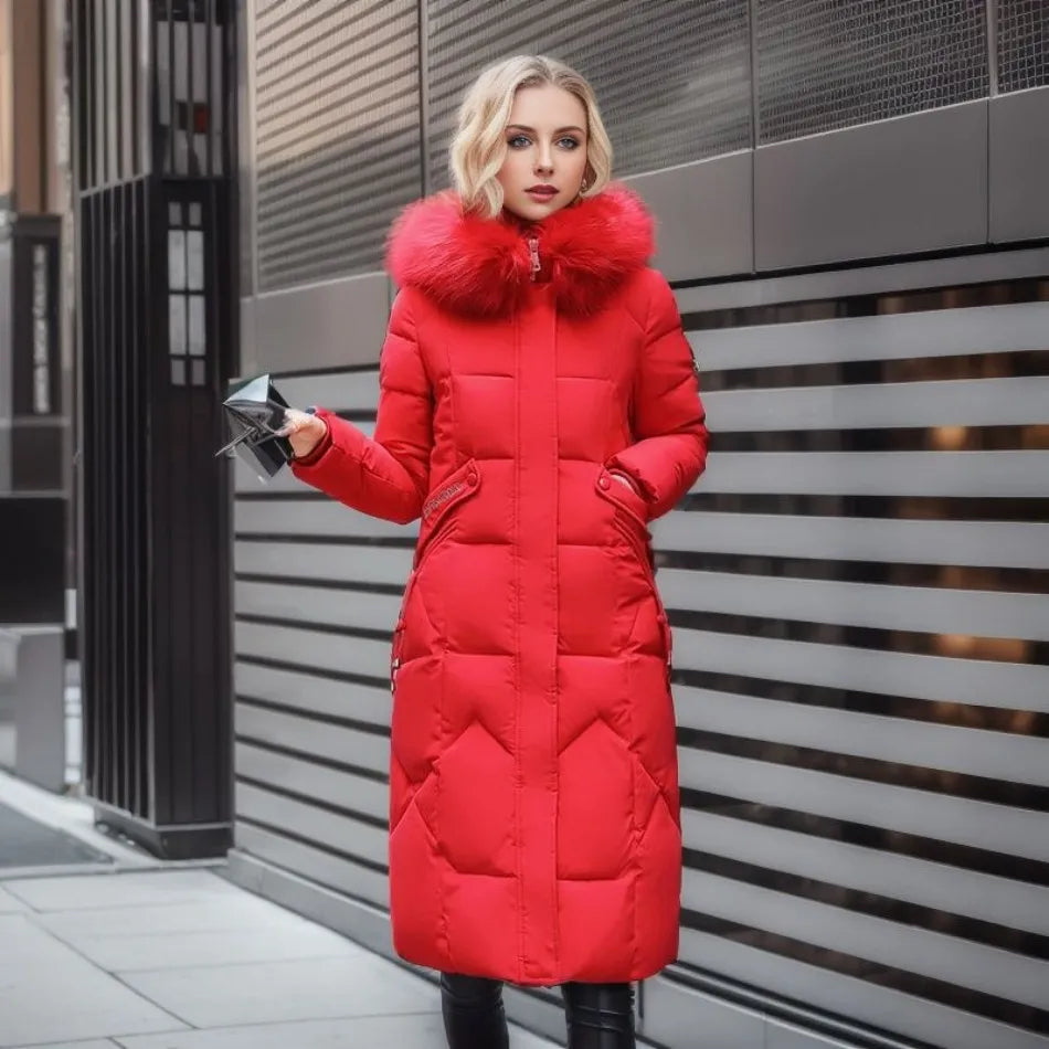 Longline quilted winter puffer coat red