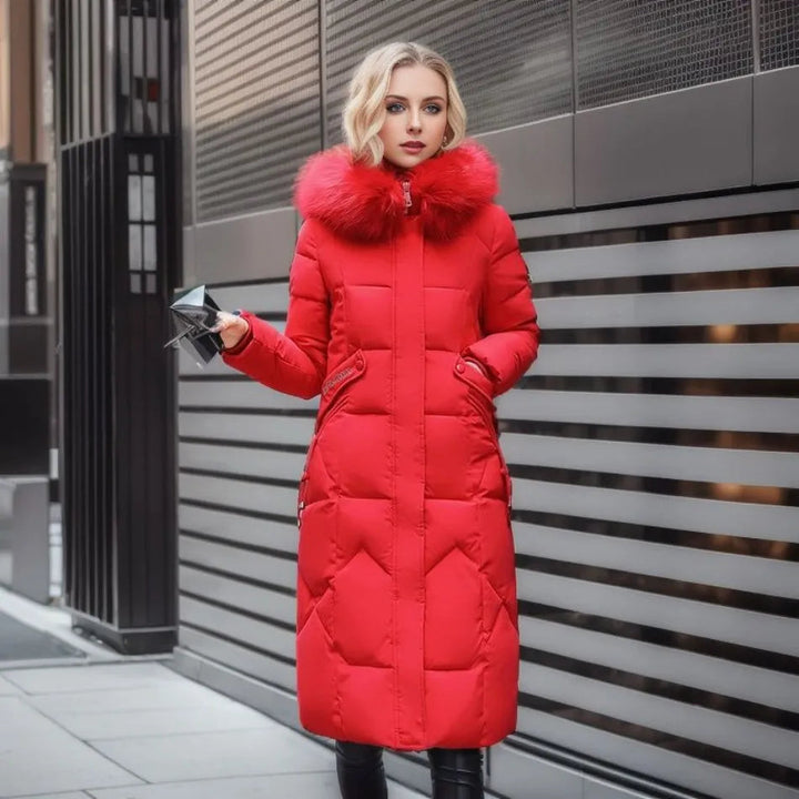 Longline quilted winter puffer coat red