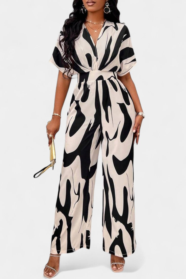 Women's abstract print V-neck wide leg jumpsuit in black