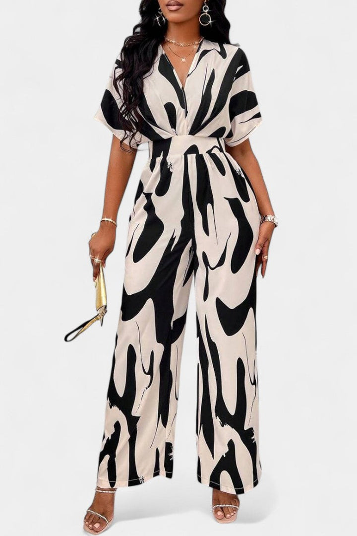 Women's abstract print V-neck wide leg jumpsuit in black