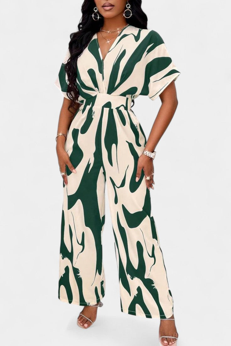 Women's abstract print V-neck wide leg jumpsuit in green